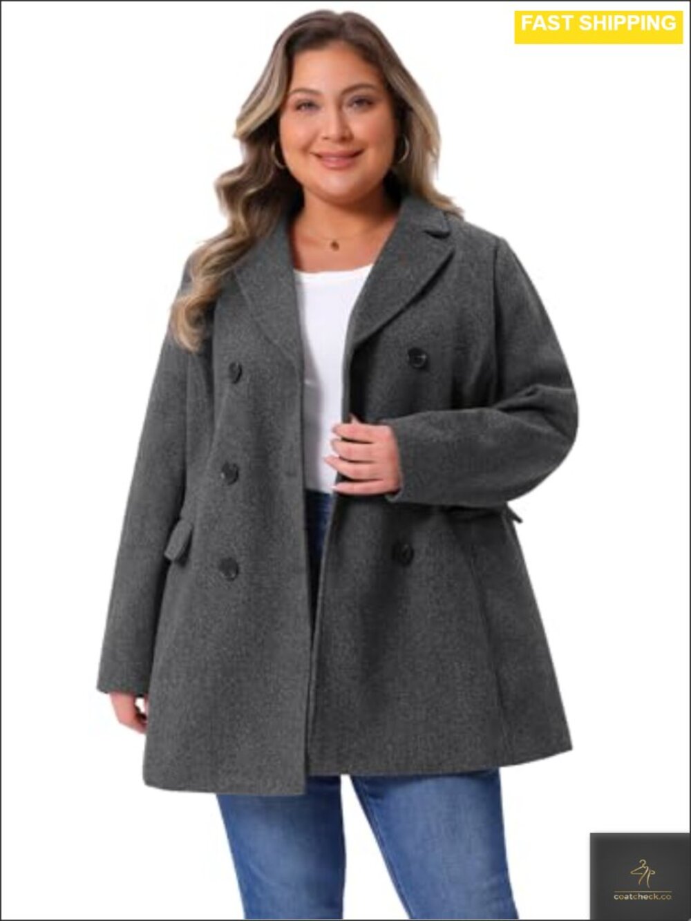 Women Plus Size Notched Lapel Double Breasted Pea Coat